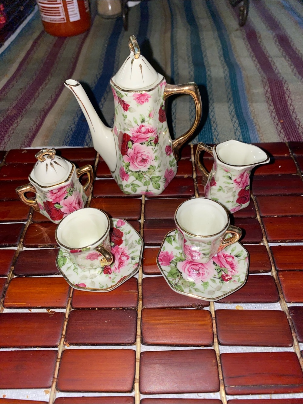 Floral Porcelain Mini Tea Set in Pink Rose with Gold Trim